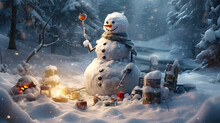 A winter scene filled with the happiness of a snowman in the snow.