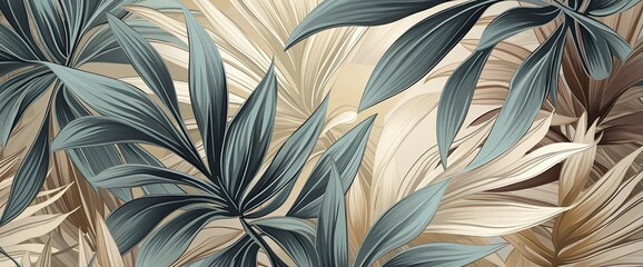 Wall Mural - Wallpaper made of palm leaves in blue and gold, in the style of photorealistic pastiche,