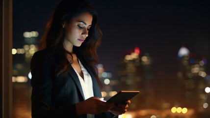 Attractive business lady working on tablet . night city background ,copy space