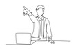 Single one line drawing young furious male manager pointed in his finger and drive away his sacked staff out of the room. Job dismissal concept. Continuous line draw design graphic vector illustration