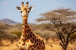 Giraffe in the savannah of Namibia, Africa, A large giraffe in a Ruaha National Park, AI Generated