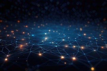 Poster - Abstract network connection on dark blue background. 3d rendering toned image, Abstract digital background with binary code flowing through a network of interconnected nodes, AI Generated