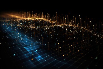 Fototapete - 3d illustration of abstract technology background with glowing lines and dots, Abstract digital binary code flowing on a black background, forming a network system, AI Generated