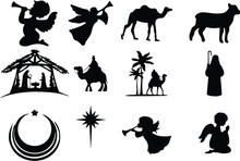 Nativity Scene Icon. Set Of Christmas Silhouette For Designing Greeting Card, Poster Or Banner On The Festival. Easy To Change Color Or Manipulate. Eps 10.
