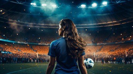 spirited female soccer player with ball amidst vibrant night stadium crowd