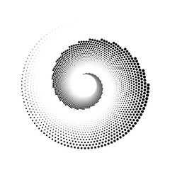 Poster - Dotted spiral lines element. Radial spinning halftone texture. Circle swirl dots shape. Abstract geometric shell background for poster, banner, logo, icon, collage, tattoo. Vector illustration