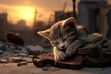 sad cat at war zone 3D