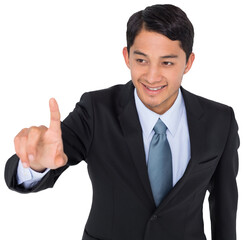 Poster - Digital png photo of caucasian businessman pointing finger on transparent background