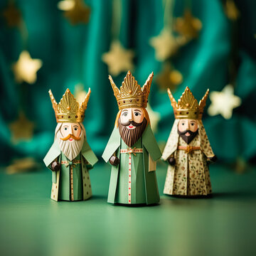 Three wise men holding gifts for Jesus. Concept for religious holiday of Epiphany, Nativity of Jesus, Three Kings Day, Christmas