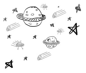 Wall Mural - digital png illustration of planets, stars and ufo ships on transparent background