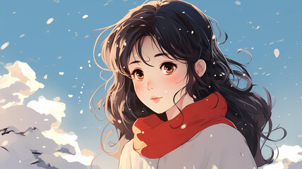 Wall Mural - Hand drawn cartoon illustration of cute girl in winter
