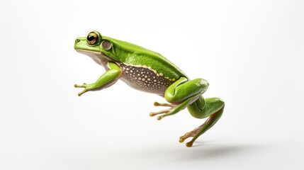 A Green frog jumping on white isolated background.