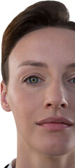 Poster - Digital png photo of half face of serious caucasian woman looking on transparent background