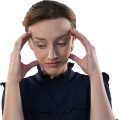 Poster - Digital png photo of caucasian woman with fingers on face on transparent background