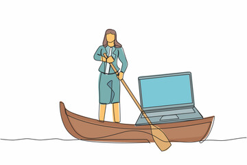 Poster - Continuous one line drawing businesswoman sailing away on boat with laptop computer. Freelancer work or creative manager doing remote work at ship. Single line draw design vector graphic illustration