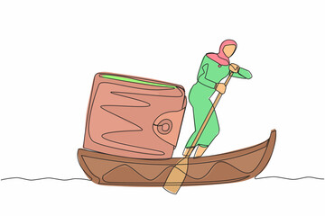 Poster - Continuous one line drawing Arab businesswoman standing in boat and sailing with purse. Money management for personal use. Financial planning at company. Single line design vector graphic illustration