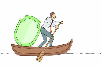 Poster - Single continuous line drawing businessman sailing away on boat with protect shield. Business protection and precaution financial crime. Online security guard. One line draw design vector illustration