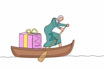 Poster - Single one line drawing Arabian businesswoman standing in boat and sailing with gift box. Giving prizes to outstanding employees. Appreciation from company. Continuous line design vector illustration