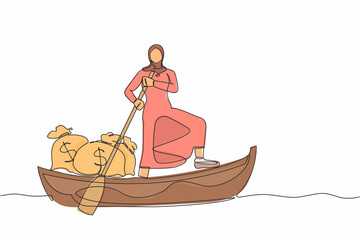 Poster - Single continuous line drawing Arab businesswoman standing in boat and sailing with money bag. Financial profit, successful management. Escape with money. One line graphic design vector illustration