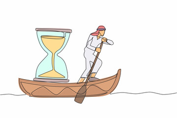 Poster - Single one line drawing Arab businessman sailing away on boat with hourglass. Office worker running out of time with business deadline. Motivation concept. Continuous line design vector illustration