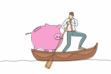 Poster - Single continuous line drawing of businessman standing in boat and sailing with piggy bank. Economy purposes saving money is very important. Smart investor. One line graphic design vector illustration