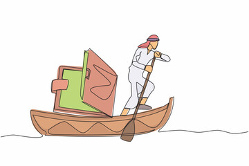 Poster - Single one line drawing Arab businessman sailing away on boat with wallet. Office worker with financial problem due to economic crisis. Lack of money. Continuous line draw design vector illustration