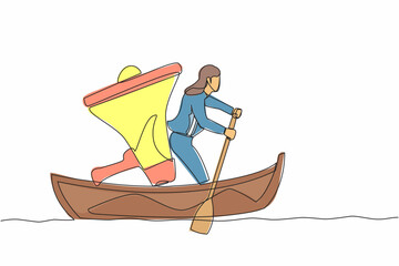 Poster - Single one line drawing businesswoman sailing away on boat with megaphone. Command leader, control through megaphone, leadership and teamwork. Continuous line draw design vector graphic illustration
