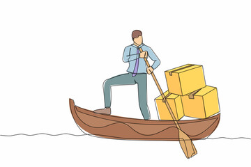 Poster - Single one line drawing of businessman standing in boat and sailing with pile of cardboard. Shipping through the ocean. Delivery and packaging. Continuous line draw design graphic vector illustration