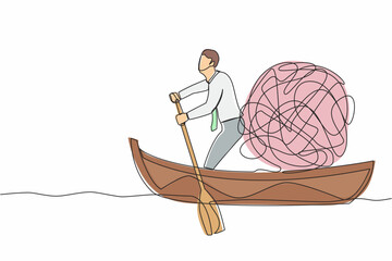 Poster - Single continuous line drawing businessman standing in boat and sailing with messy line. Escape from anxiety mind due to being fired from work. Dynamic one line draw graphic design vector illustration