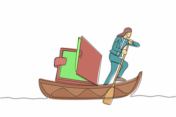 Poster - Single continuous line drawing smart businesswoman standing in boat and sailing with open wallet. Saving domestic purse budget. Pursue tight daily expenditure. One line draw design vector illustration