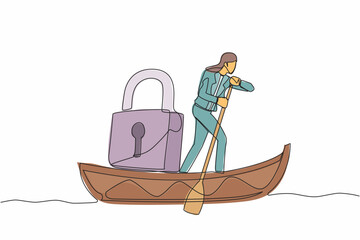 Wall Mural - Single one line drawing smart businesswoman standing in boat and sailing with padlock. Shipping protection at ocean from pirate. Security in business at sea. Continuous line design vector illustration