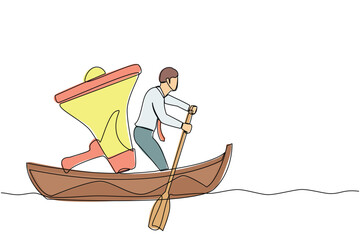 Poster - Single one line drawing Arabian businessman sailing away on boat with megaphone. Command leader, control through megaphone, leadership and teamwork. Continuous line design graphic vector illustration