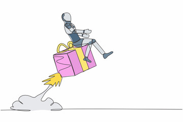 Poster - Single continuous line drawing robot riding gift box rocket flying in sky. Fast shipping or delivery. Future technology development. Artificial intelligence. One line draw design vector illustration