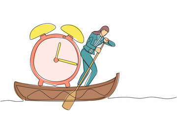 Poster - Single continuous line drawing businesswoman sailing away on boat with alarm clock. Time management in business project deadline. Success business concept. One line graphic design vector illustration