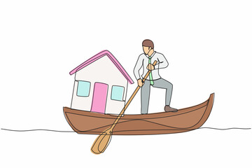 Poster - continuous one line drawing businessman standing in boat and sailing with house. housing loan settle