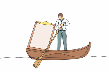 Poster - Single continuous line drawing businessman standing in boat, sailing with clipboard. Office worker escape from deadline checklist board. Productivity problem. One line draw design vector illustration
