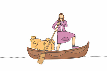 Poster - Single one line drawing of businesswoman sailing away on boat with money bag. Office worker escape with money. Financial success and profit concept. Continuous line design graphic vector illustration