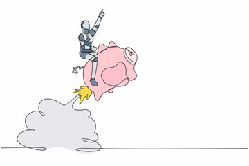 Poster - Single continuous line drawing robot riding piggy bank rocket flying in sky. Financial planning with tech. Future technology development. Artificial intelligence. One line design vector illustration