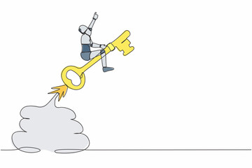 Poster - Continuous one line drawing robot riding key rocket flying in the sky. Discover key success. Humanoid robot cybernetic organism. Future robotic development. Single line draw design vector illustration
