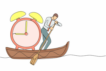 Poster - Single continuous line drawing of businessman standing in boat and sailing with alarm clock. Manager escape from project deadline. Time management problem. One line graphic design vector illustration