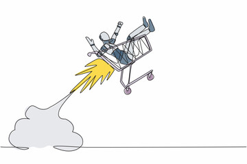 Poster - Single one line drawing robot riding shopping trolley rocket flying in the sky. Robotic artificial intelligence technology. Electronic technology industry. Continuous line design vector illustration