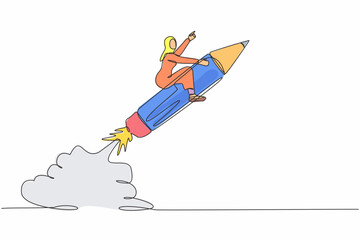 Poster - single one line drawing arab businesswoman riding pencil rocket flying in sky. creativity idea lead 