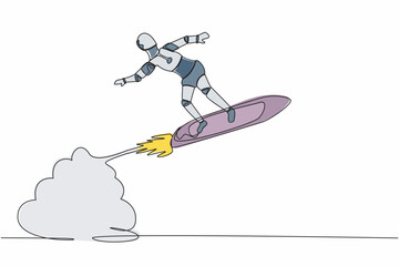 Poster - Single continuous line drawing robot riding surfing board rocket flying in the sky. Future technology development. Artificial intelligence machine learning. One line graphic design vector illustration