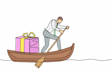 Poster - Single continuous line drawing of businessman standing in boat and sailing with gift box. Giving prizes to outstanding employees. Appreciation from company. One line graphic design vector illustration