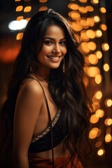 Wall Mural - A young Indian model with long black braided hair, wearing a vibrant sari, warmly