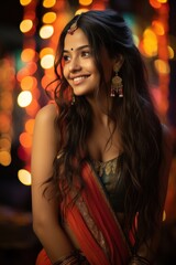 Wall Mural - A young Indian model with long black braided hair, wearing a vibrant sari, warmly