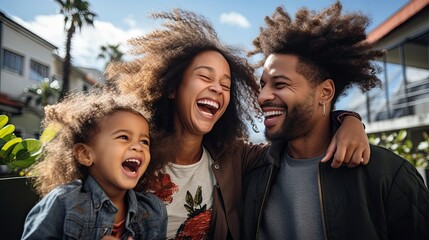 A young African family hugs and laughs loudly. Generated by AI.