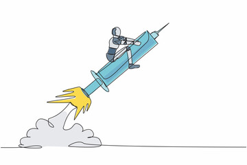 Poster - Continuous one line drawing robot riding syringe rocket flying in the sky. Boosting health with tech. Robot cybernetic organism. Future robotic development. Single line draw design vector illustration