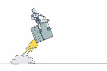 Poster - Single continuous line drawing robot riding safe deposit box rocket flying in the sky. Cash protection at tech business. Future technology development. One line draw graphic design vector illustration
