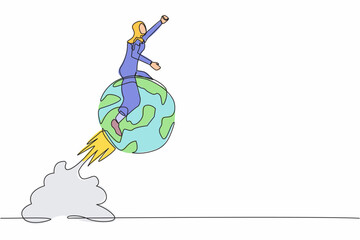 Poster - continuous one line drawing arabian businesswoman riding sphere globe rocket flying in the sky. glob